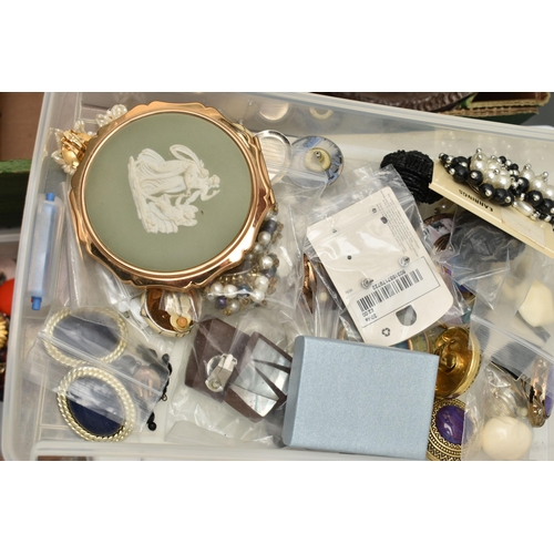 154 - A BOX OF COSTUME JEWELLERY AND WHITE METAL WARE, large quantity of assorted costume earrings, beaded... 