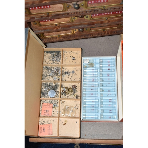 158 - A LARGE WOODEN MULTI STORAGE WATCH MAKERS SET OF DRAWS, measuring approximately height 45cm x width ... 