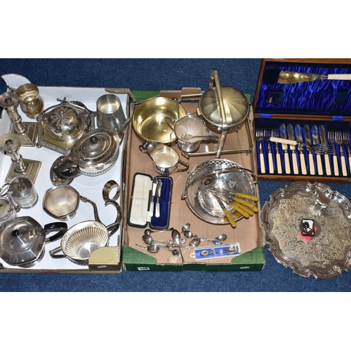 159 - TWO BOXES OF ASSORTED WHITE METAL WARE, to include an EPNS circular tray with wavy outline, teapot, ... 