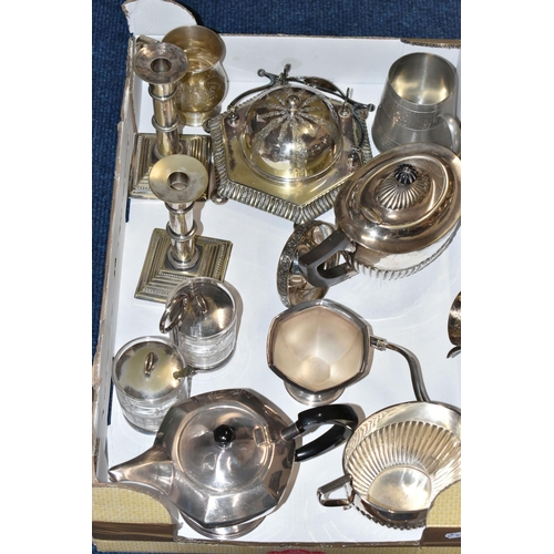 159 - TWO BOXES OF ASSORTED WHITE METAL WARE, to include an EPNS circular tray with wavy outline, teapot, ... 