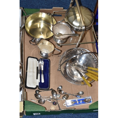 159 - TWO BOXES OF ASSORTED WHITE METAL WARE, to include an EPNS circular tray with wavy outline, teapot, ... 