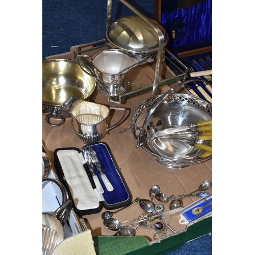 159 - TWO BOXES OF ASSORTED WHITE METAL WARE, to include an EPNS circular tray with wavy outline, teapot, ... 