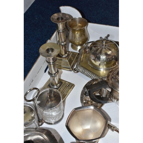 159 - TWO BOXES OF ASSORTED WHITE METAL WARE, to include an EPNS circular tray with wavy outline, teapot, ... 