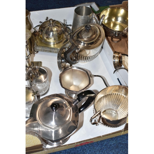 159 - TWO BOXES OF ASSORTED WHITE METAL WARE, to include an EPNS circular tray with wavy outline, teapot, ... 