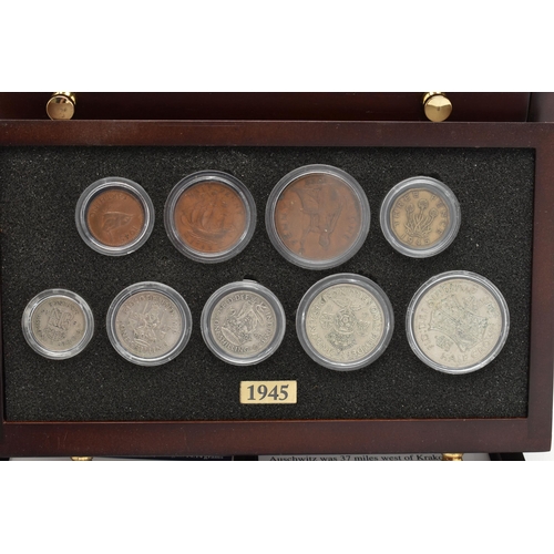 160 - A SMALL WOODEN COIN CABINET, consisting of eight drawers seven containing UK coinage from 1939-1945,... 