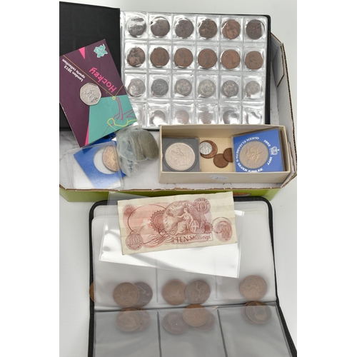 161 - A CARDBOARD TRAY OF UK COINAGE, to include a small coin album with silver content coinage, Florins t... 