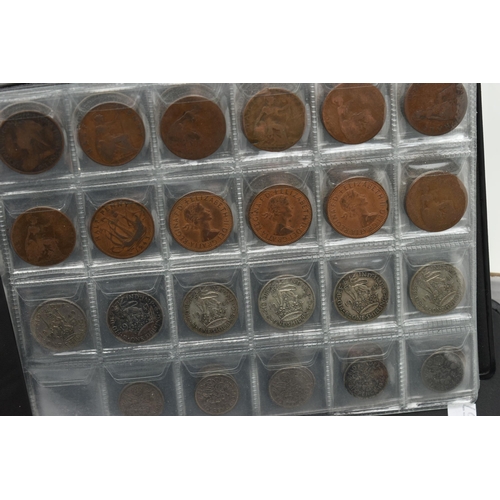 161 - A CARDBOARD TRAY OF UK COINAGE, to include a small coin album with silver content coinage, Florins t... 