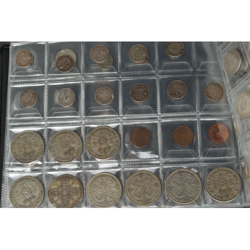 161 - A CARDBOARD TRAY OF UK COINAGE, to include a small coin album with silver content coinage, Florins t... 