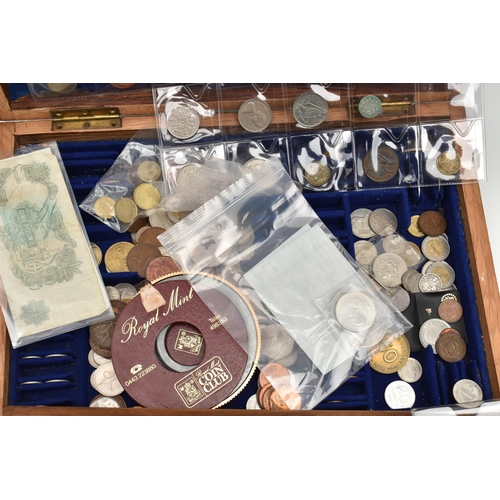 164 - A WOODEN BOX COTAINING MIXED WORLD COINS, to include South Africa Silver coins, Elizabeth I worn Shi... 