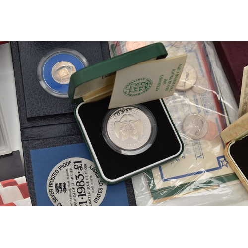 165 - A CARDBOARD BOX OF MIXED COINAGE, to include Silver and Silver Proof coins, Falkland Mount Pleasant ... 