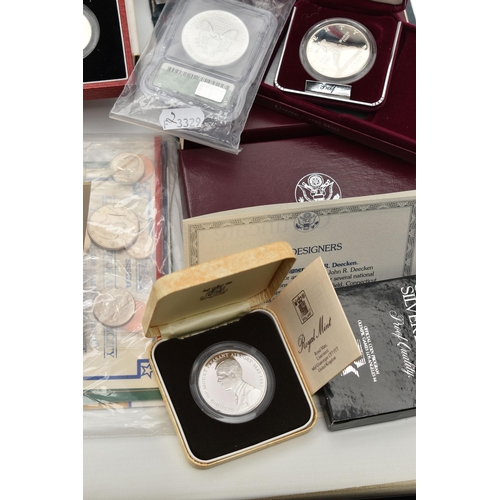 165 - A CARDBOARD BOX OF MIXED COINAGE, to include Silver and Silver Proof coins, Falkland Mount Pleasant ... 