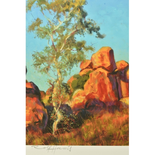 315 - ROLF HARRIS (AUSTRALIAN 1930-2023) 'SINGLE GUM TREE AND DEVIL'S MARBLES', a limited edition print on... 