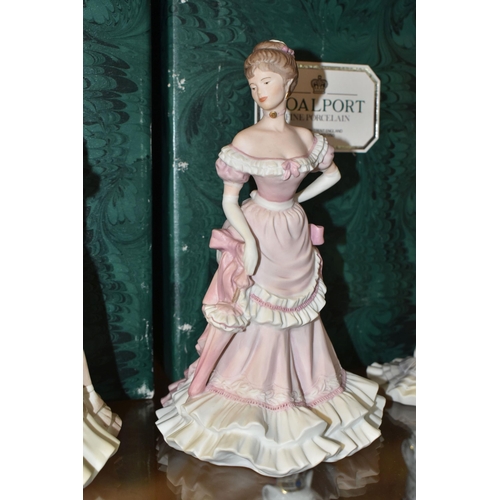 330 - FIVE BOXED COALPORT 'THE AGE OF ELEGANCE' FIGURINES, matt glazed, comprising Operetta, Opening Night... 