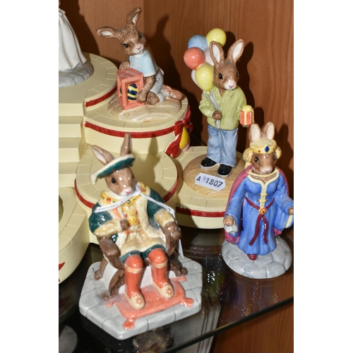 331 - A COLLECTION OF ROYAL DOULTON BUNNYKINS FIGURES WITH BASE, comprising Mystic Bunnykins DB197, The Ro... 