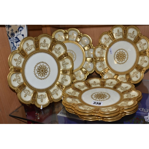 338 - SEVEN ROYAL CROWN DERBY DESSERT PLATES, in the Lichfield shape, pattern no 3179, with heavily gilt s... 