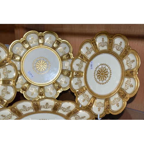 338 - SEVEN ROYAL CROWN DERBY DESSERT PLATES, in the Lichfield shape, pattern no 3179, with heavily gilt s... 