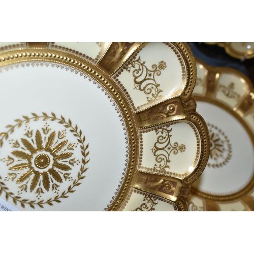 338 - SEVEN ROYAL CROWN DERBY DESSERT PLATES, in the Lichfield shape, pattern no 3179, with heavily gilt s... 