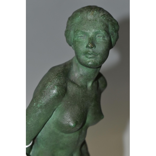 341 - A GREEN PATINATED PLASTER SCULPTURE OF A FEMALE NUDE, by Stanley Mace Foster, signed and dated 1952 ... 