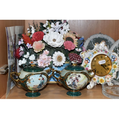 348 - A GROUP OF DECORATIVE ITEMS, CERAMICS AND GLASS, comprising a Coalport clock decorated with modelled... 