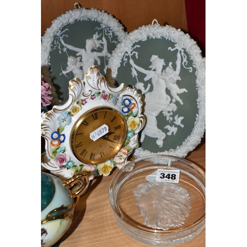 348 - A GROUP OF DECORATIVE ITEMS, CERAMICS AND GLASS, comprising a Coalport clock decorated with modelled... 