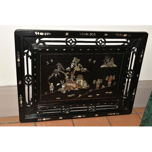 349 - A GROUP OF ORIENTAL TREEN, comprising three Chinese ebonised panels inlaid with mother of pearl, a s... 