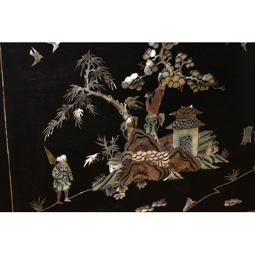 349 - A GROUP OF ORIENTAL TREEN, comprising three Chinese ebonised panels inlaid with mother of pearl, a s... 