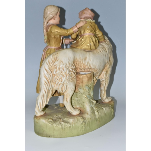 361 - A ROYAL DUX FIGURE GROUP SPILL VASE OF A NEWFOUNDLAND DOG WITH A YOUNG GIRL ON ITS BACK BEING SUPPOR... 