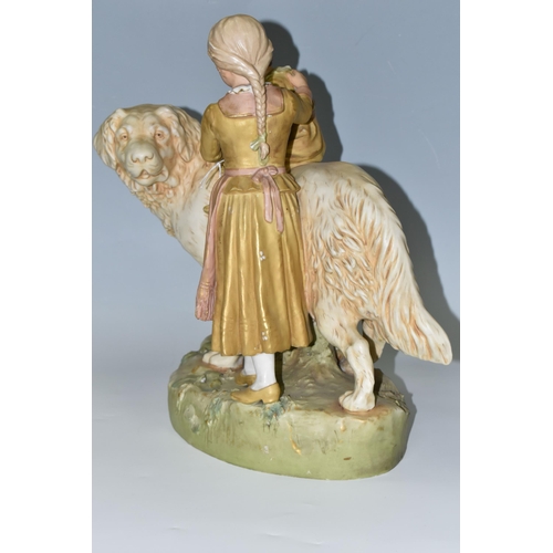 361 - A ROYAL DUX FIGURE GROUP SPILL VASE OF A NEWFOUNDLAND DOG WITH A YOUNG GIRL ON ITS BACK BEING SUPPOR... 