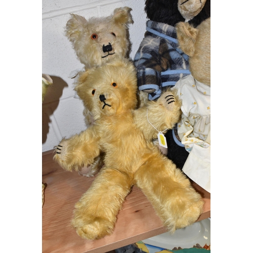 362 - SIX VINTAGE TEDDY BEARS, comprising a much loved straw filled jointed bear, glass eyes. stitched nos... 