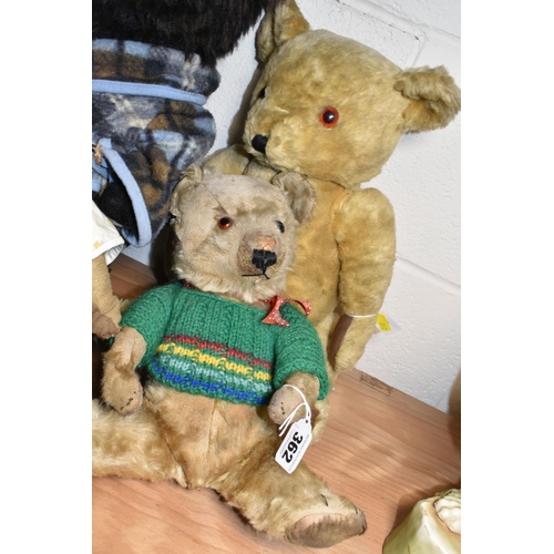 362 - SIX VINTAGE TEDDY BEARS, comprising a much loved straw filled jointed bear, glass eyes. stitched nos... 