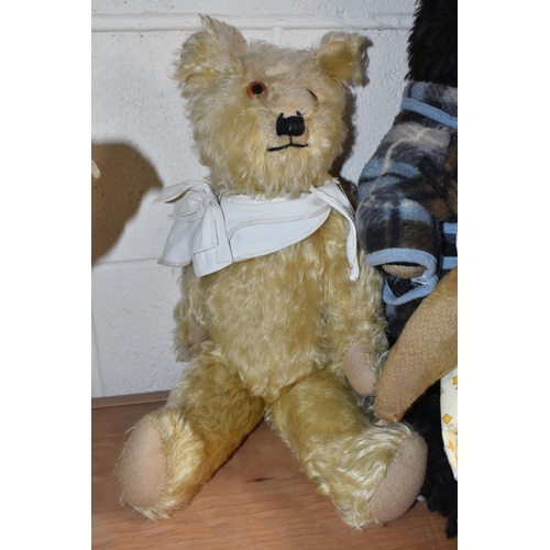 362 - SIX VINTAGE TEDDY BEARS, comprising a much loved straw filled jointed bear, glass eyes. stitched nos... 