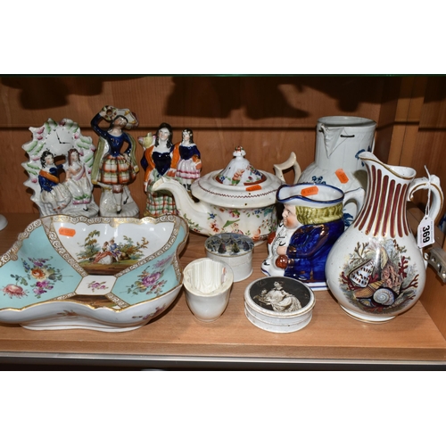 369 - A GROUP OF NINETEENTH CENTURY POTTERY AND PORCELAIN, to include a square hand painted Dresden bowl, ... 