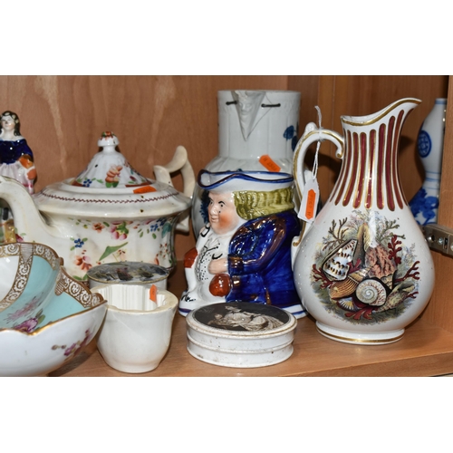 369 - A GROUP OF NINETEENTH CENTURY POTTERY AND PORCELAIN, to include a square hand painted Dresden bowl, ... 