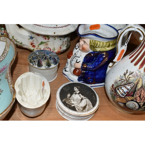 369 - A GROUP OF NINETEENTH CENTURY POTTERY AND PORCELAIN, to include a square hand painted Dresden bowl, ... 