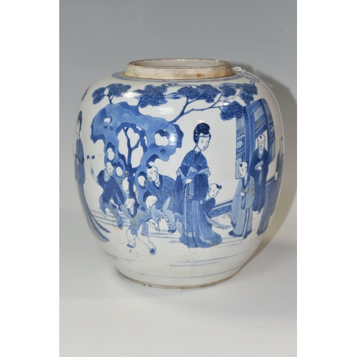 375 - A 19TH CENTURY CHINESE PORCELAIN BLUE AND WHITE GINGER JAR WITH LEAF MARK TO BASE, decorated with a ... 