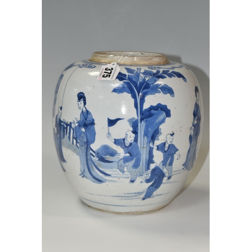 375 - A 19TH CENTURY CHINESE PORCELAIN BLUE AND WHITE GINGER JAR WITH LEAF MARK TO BASE, decorated with a ... 