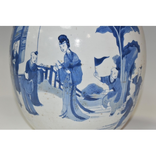 375 - A 19TH CENTURY CHINESE PORCELAIN BLUE AND WHITE GINGER JAR WITH LEAF MARK TO BASE, decorated with a ... 