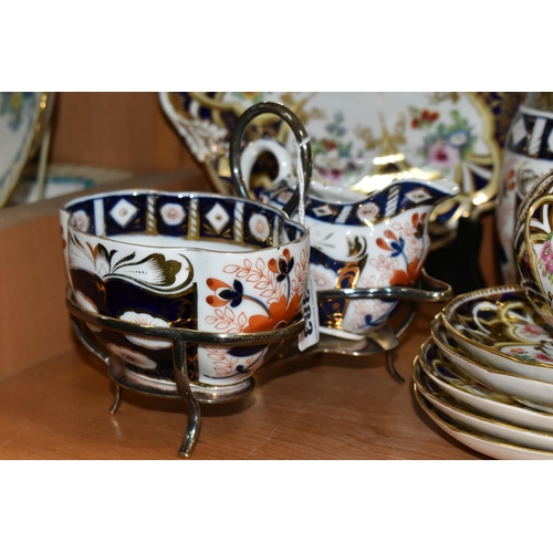 383 - A GROUP OF TEA WARE, comprising a hand painted part tea set: a cake plate, a slop bowl, five teacups... 