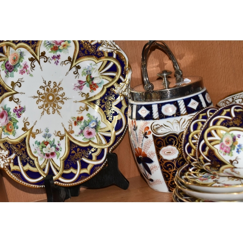 383 - A GROUP OF TEA WARE, comprising a hand painted part tea set: a cake plate, a slop bowl, five teacups... 