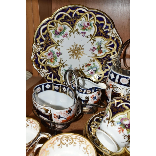 383 - A GROUP OF TEA WARE, comprising a hand painted part tea set: a cake plate, a slop bowl, five teacups... 