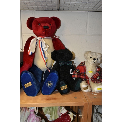 396 - THREE UNBOXED MODERN MERRYTHOUGHT TEDDY BEARS, large red, white and blue limited edition Golden Jubi... 