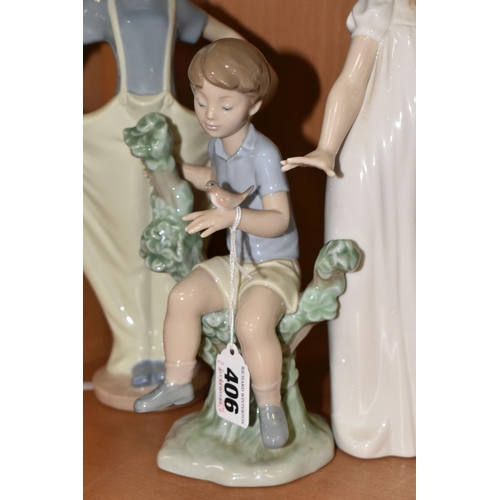 406 - A GROUP OF THREE NAO FIGURES, comprising 'My Feathered Friend' model no 1353, 'Girl Yawning', height... 