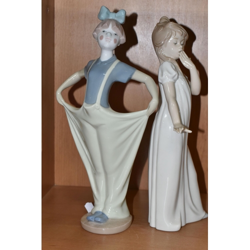 406 - A GROUP OF THREE NAO FIGURES, comprising 'My Feathered Friend' model no 1353, 'Girl Yawning', height... 