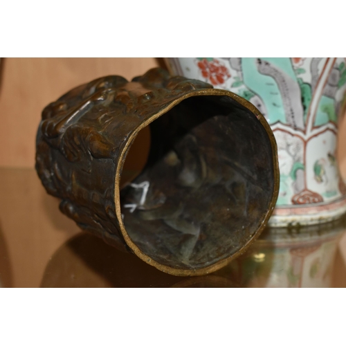 411 - A CHINESE GINGER JAR AND CAST BRONZE CYLINDER, comprising a Chinese Famille Vert porcelain jar, deco... 