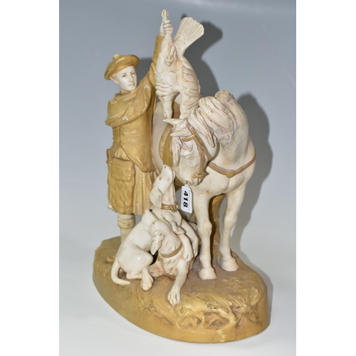 418 - A ROYAL DUX PORCELAIN FIGURE OF A SCOTTISH GHILLIE WITH DOGS AND PONY, model number 1982, height 42c... 