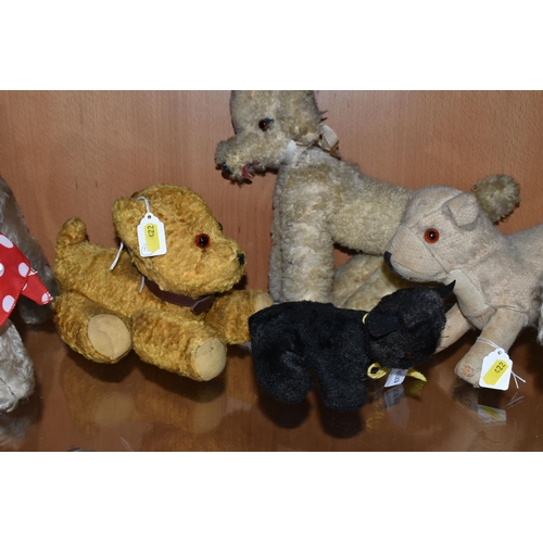 422 - A QUANTITY OF ASSORTED MID 20TH CENTURY SOFT TOY DOGS AND A CAT, one of the dogs has a Norah Welling... 