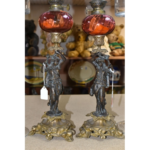 430 - A PAIR OF PHILIPE H. MOUREY OIL LAMPS CIRCA LATE 19TH CENTURY, each lamp has a central column formed... 