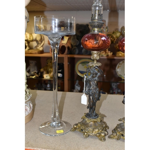 430 - A PAIR OF PHILIPE H. MOUREY OIL LAMPS CIRCA LATE 19TH CENTURY, each lamp has a central column formed... 