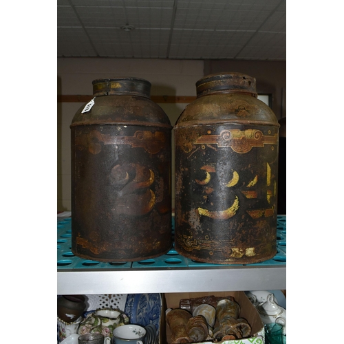 518 - TWO TOLEWARE TEA CANISTERS, numbered 21 and 34, one (21) with John Gilbert & Co mark verso, the othe... 