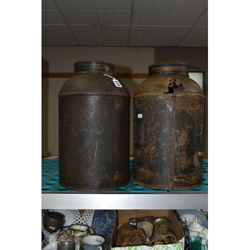 518 - TWO TOLEWARE TEA CANISTERS, numbered 21 and 34, one (21) with John Gilbert & Co mark verso, the othe... 